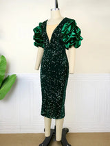 ONTINVA Luxury Sequins V Neck Tulle Patchwork Puff Sleeve Dress