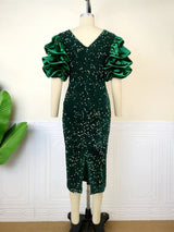ONTINVA Luxury Sequins V Neck Tulle Patchwork Puff Sleeve Dress