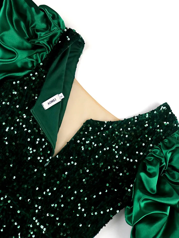 ONTINVA Luxury Sequins V Neck Tulle Patchwork Puff Sleeve Dress