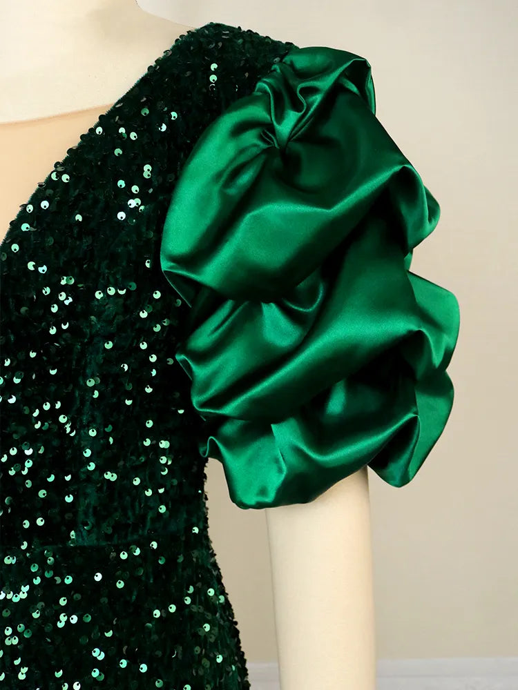 ONTINVA Luxury Sequins V Neck Tulle Patchwork Puff Sleeve Dress