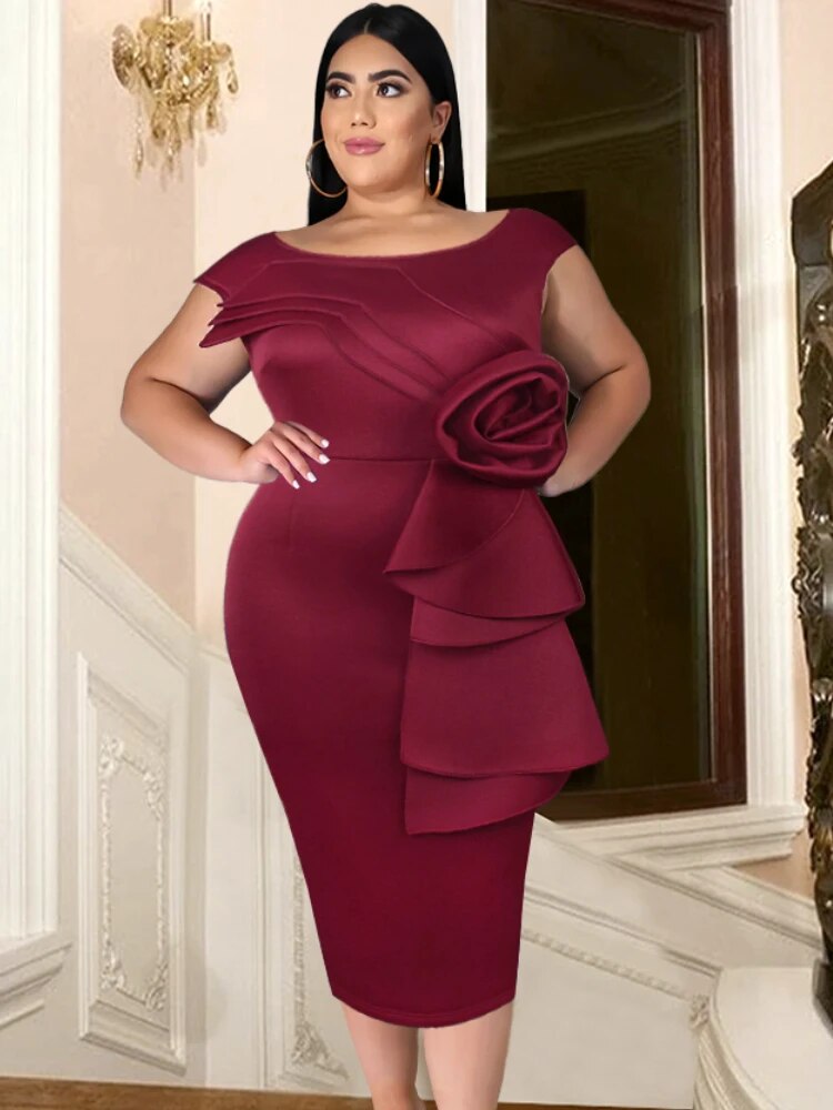 ONTINVA Burgundy O Neck Sleeveless Bodycom Flower Dress
