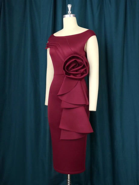 ONTINVA Burgundy O Neck Sleeveless Bodycom Flower Dress