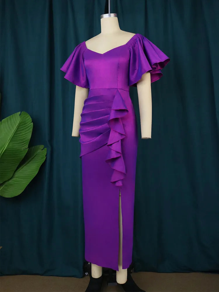 ONTINVA Purple Bodycon Short Ruffles Sleeve Pleated Dresses