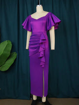 ONTINVA Purple Bodycon Short Ruffles Sleeve Pleated Dresses