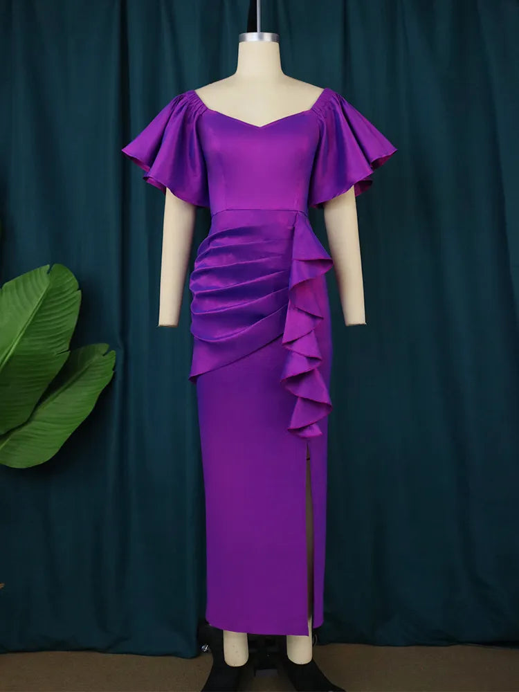 ONTINVA Purple Bodycon Short Ruffles Sleeve Pleated Dresses