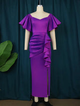 ONTINVA Purple Bodycon Short Ruffles Sleeve Pleated Dresses
