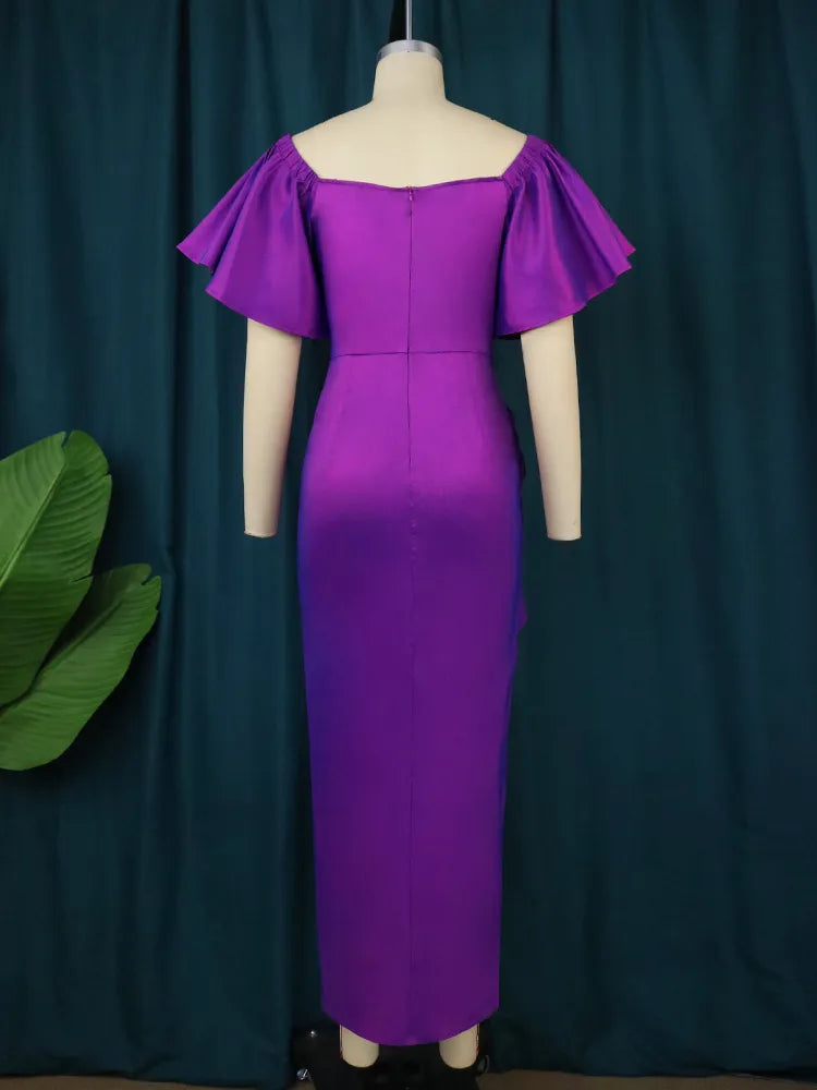 ONTINVA Purple Bodycon Short Ruffles Sleeve Pleated Dresses