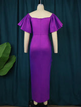 ONTINVA Purple Bodycon Short Ruffles Sleeve Pleated Dresses