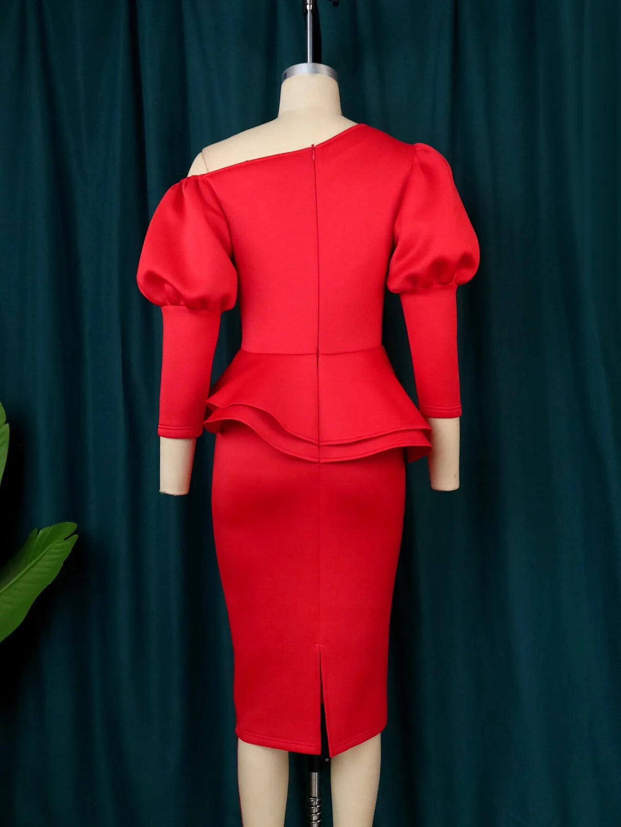 ONTINVA Red Peplum Cold Shoulder Puff Sleeve Ruffles Dress