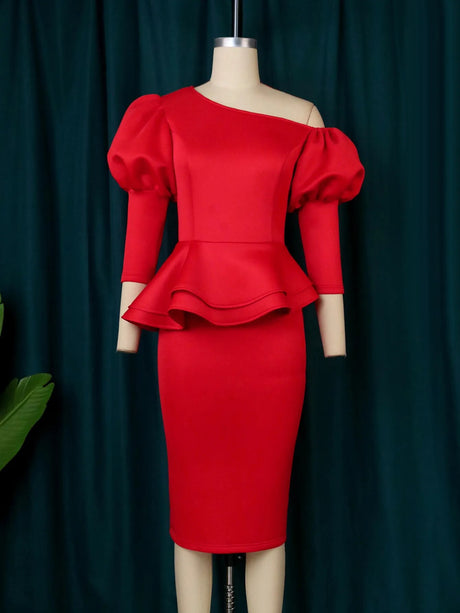ONTINVA Red Peplum Cold Shoulder Puff Sleeve Ruffles Dress