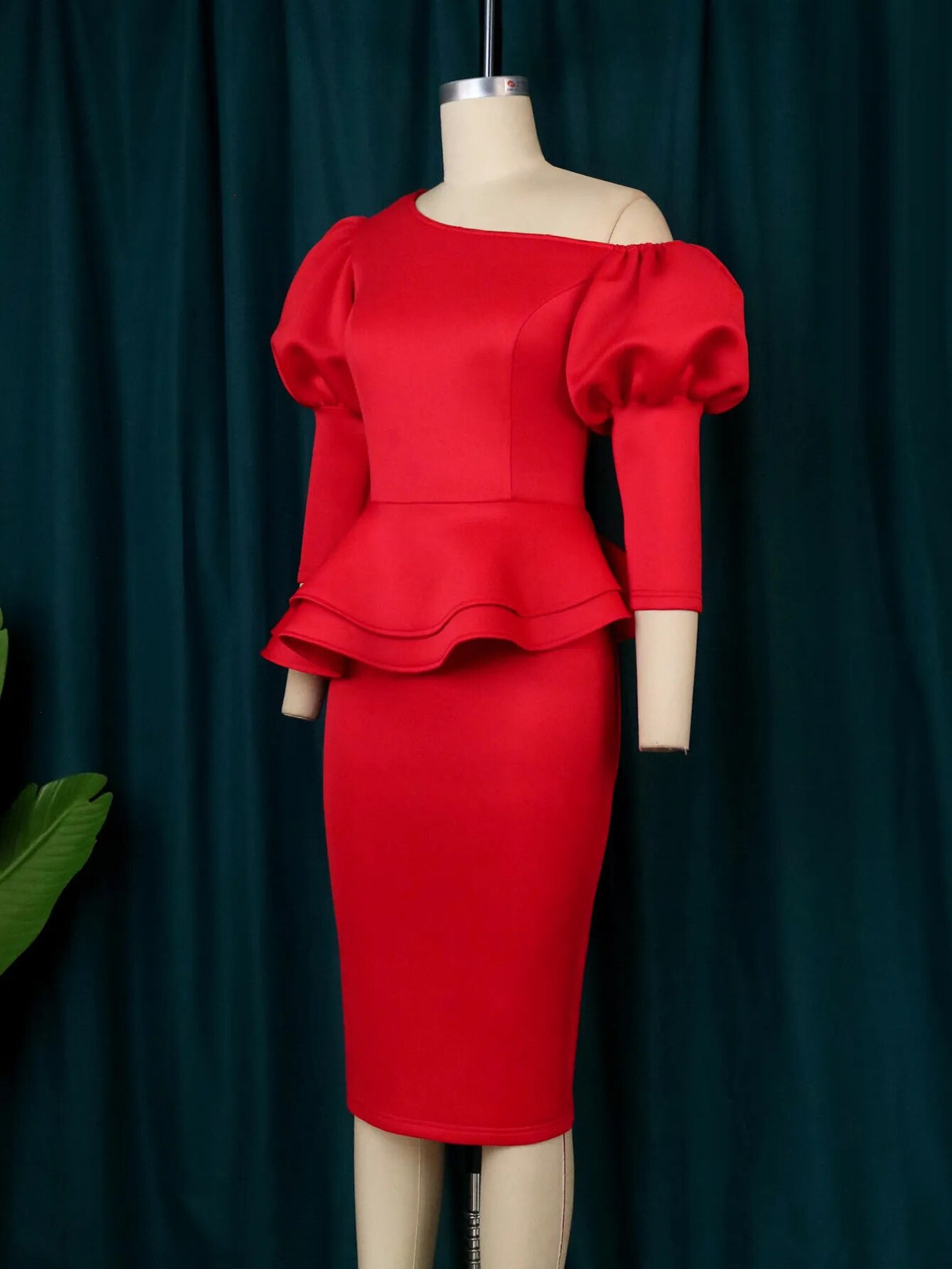 ONTINVA Red Peplum Cold Shoulder Puff Sleeve Ruffles Dress