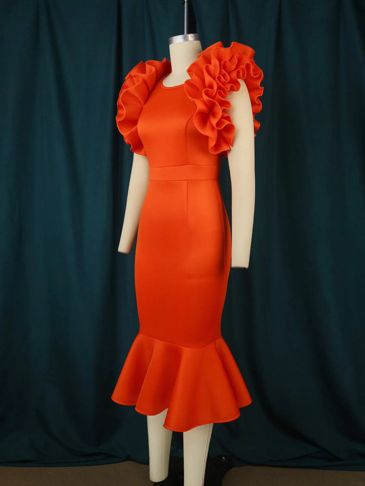Ontinva Orange Midi Plus Size Ruffles Sleeveless Mermaid Dresses