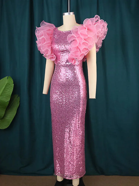 ONTINVA Pink Sequin Elegant Party Ruffles Sleeveless Dress