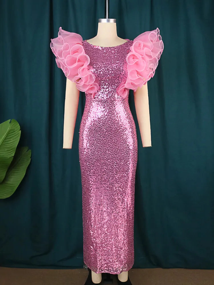 ONTINVA Pink Sequin Elegant Party Ruffles Sleeveless Dress