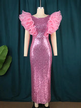 ONTINVA Pink Sequin Elegant Party Ruffles Sleeveless Dress