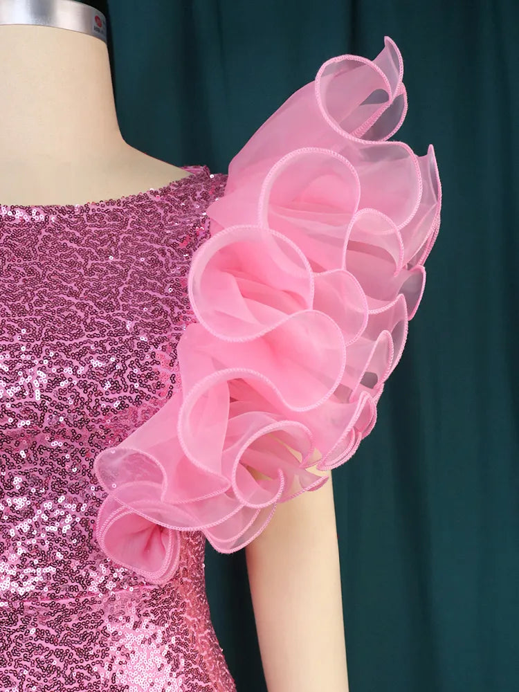 ONTINVA Pink Sequin Elegant Party Ruffles Sleeveless Dress