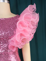 ONTINVA Pink Sequin Elegant Party Ruffles Sleeveless Dress