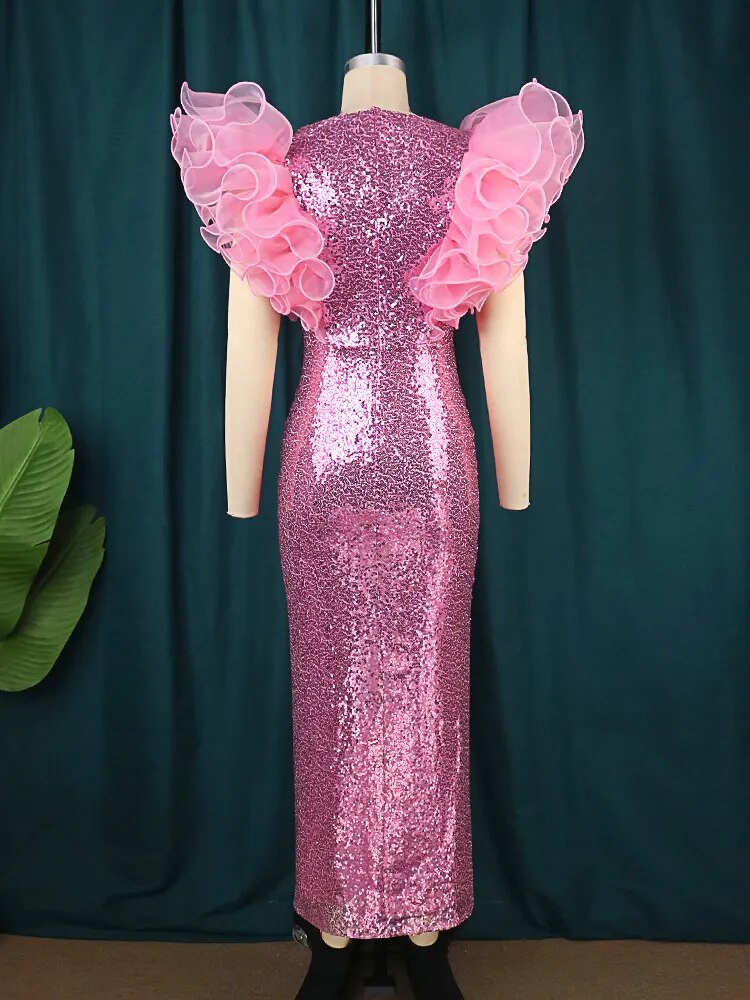ONTINVA Pink Sequin Elegant Party Ruffles Sleeveless Dress