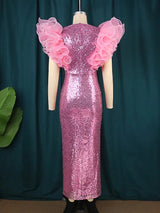 ONTINVA Pink Sequin Elegant Party Ruffles Sleeveless Dress
