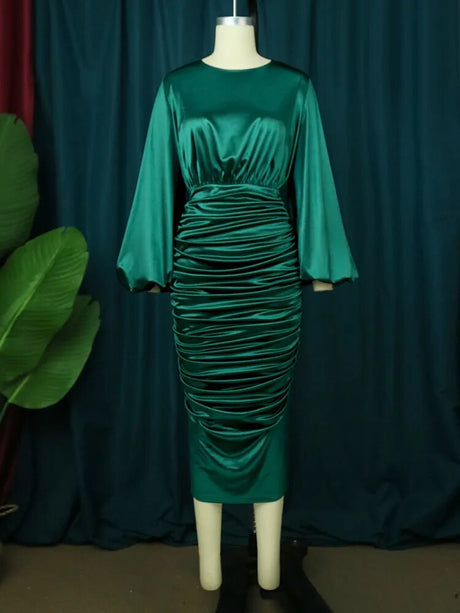 ONTINVA Pleated Green Satin Long Lantern Sleeve Midi Evening Dresses
