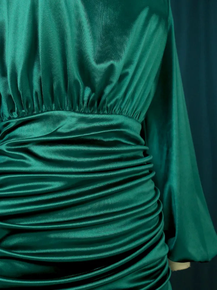 ONTINVA Pleated Green Satin Long Lantern Sleeve Midi Evening Dresses