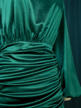 ONTINVA Pleated Green Satin Long Lantern Sleeve Midi Evening Dresses