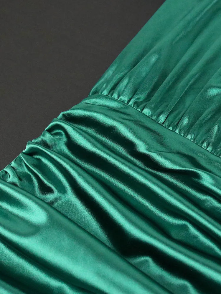 ONTINVA Pleated Green Satin Long Lantern Sleeve Midi Evening Dresses