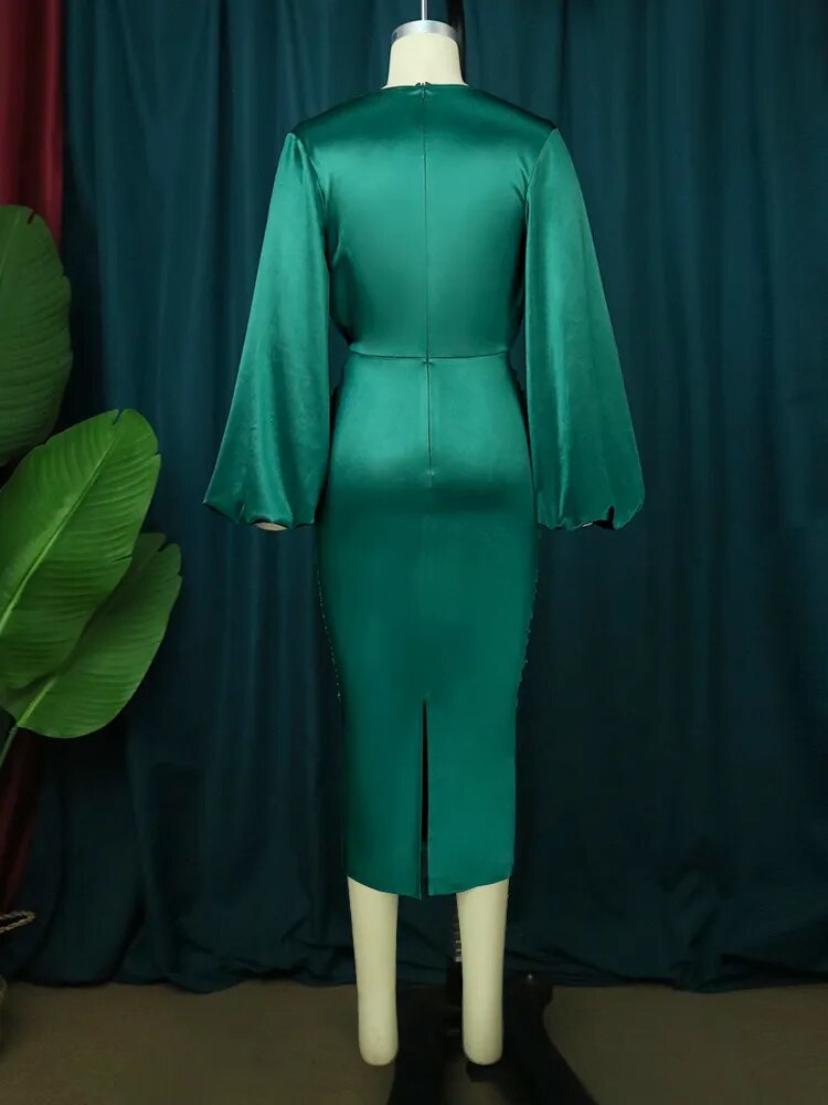 ONTINVA Pleated Green Satin Long Lantern Sleeve Midi Evening Dresses