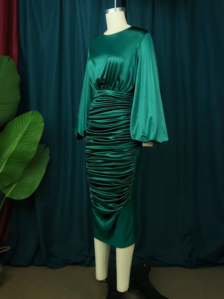 ONTINVA Pleated Green Satin Long Lantern Sleeve Midi Evening Dresses