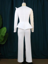 ONTINVA White Ruffles Long Sleeve Beads Wide Leg Pants