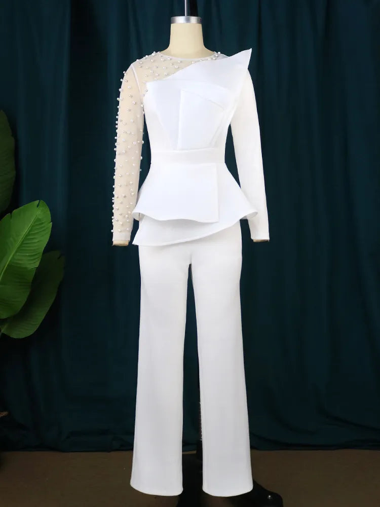 ONTINVA White Ruffles Long Sleeve Beads Wide Leg Pants