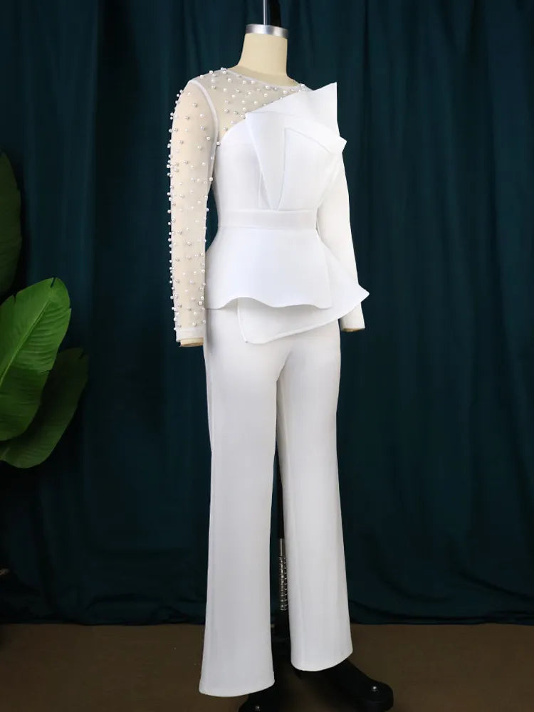 ONTINVA White Ruffles Long Sleeve Beads Wide Leg Pants