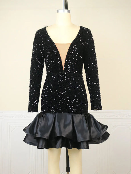 ONTINVA Sequins V Neck Long Sleeve Velvet Patchwork Dresses