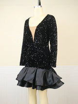 ONTINVA Sequins V Neck Long Sleeve Velvet Patchwork Dresses