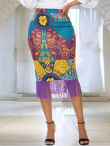 ONTINVA Printed Patchwork Tassels Package Hip Floral Skirt