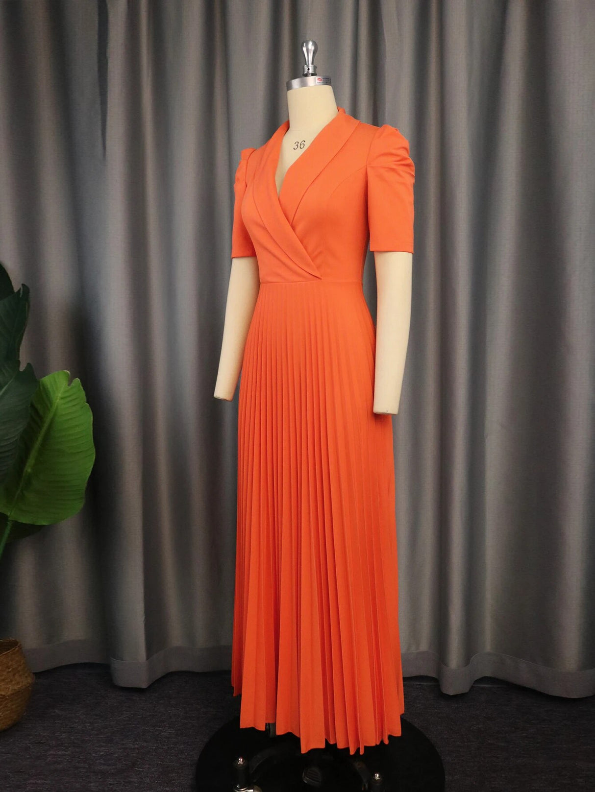 ONTINVA V Neck Orange Short Sleeve Prom Pleated Dress