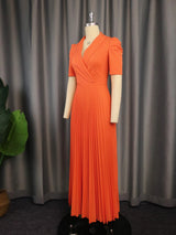 ONTINVA V Neck Orange Short Sleeve Prom Pleated Dress