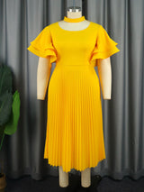 ONTINVA Pleated Dress O Neck Helter Flare Sleeve  A Line Midi