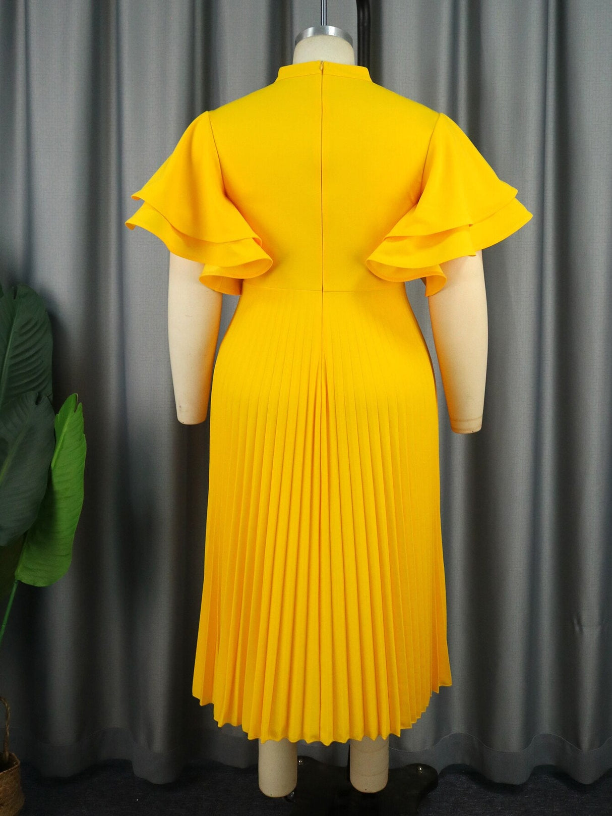 ONTINVA Pleated Dress O Neck Helter Flare Sleeve  A Line Midi