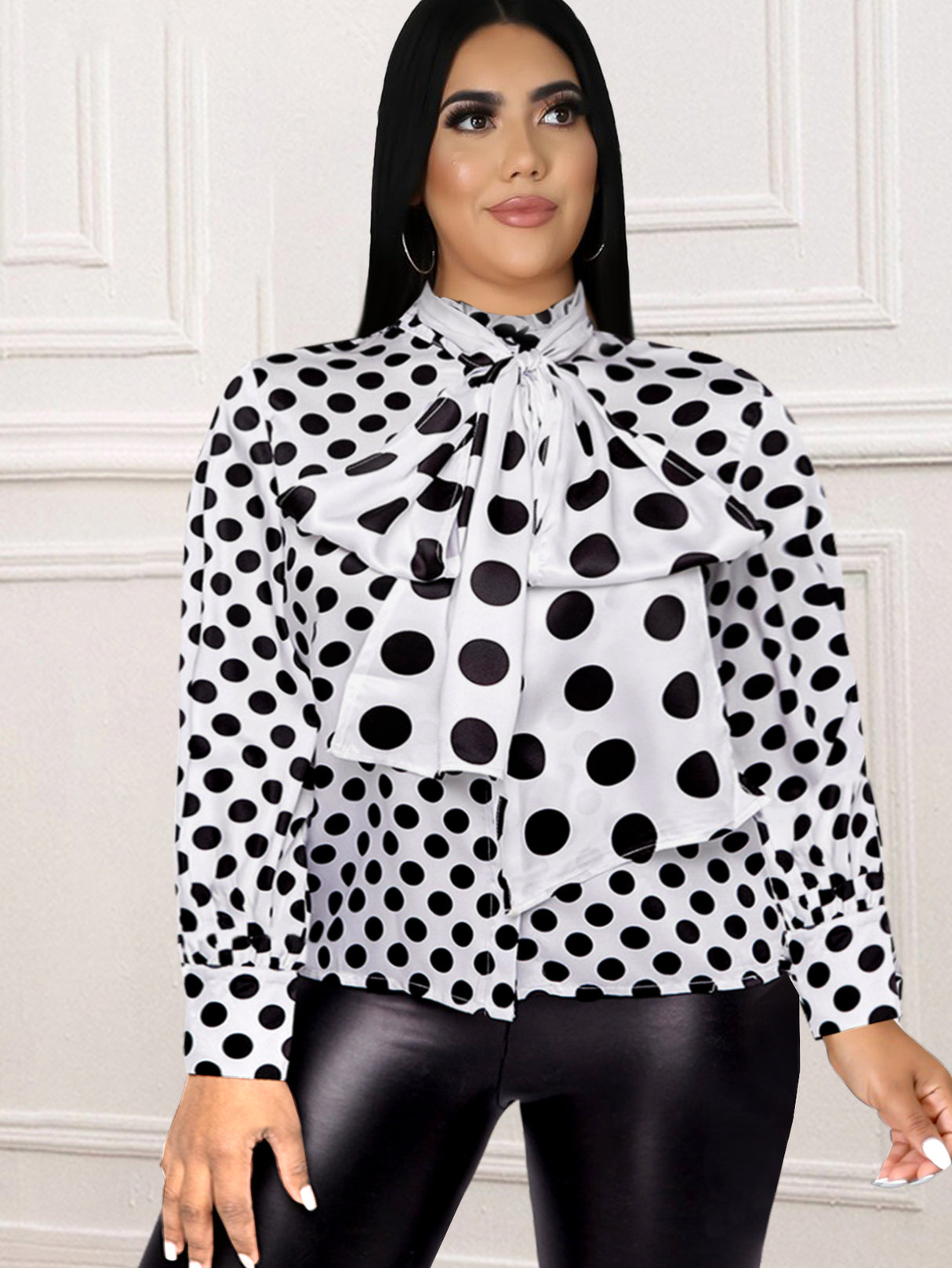 ONTINVA Black Polka Dot Printed Blouse Women Shirt Bowtie Lace Up Long Sleeve Button Up Tops Elegant Lady Office Work Casual Wear
