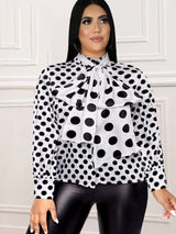 ONTINVA Black Polka Dot Printed Blouse Women Shirt Bowtie Lace Up Long Sleeve Button Up Tops Elegant Lady Office Work Casual Wear