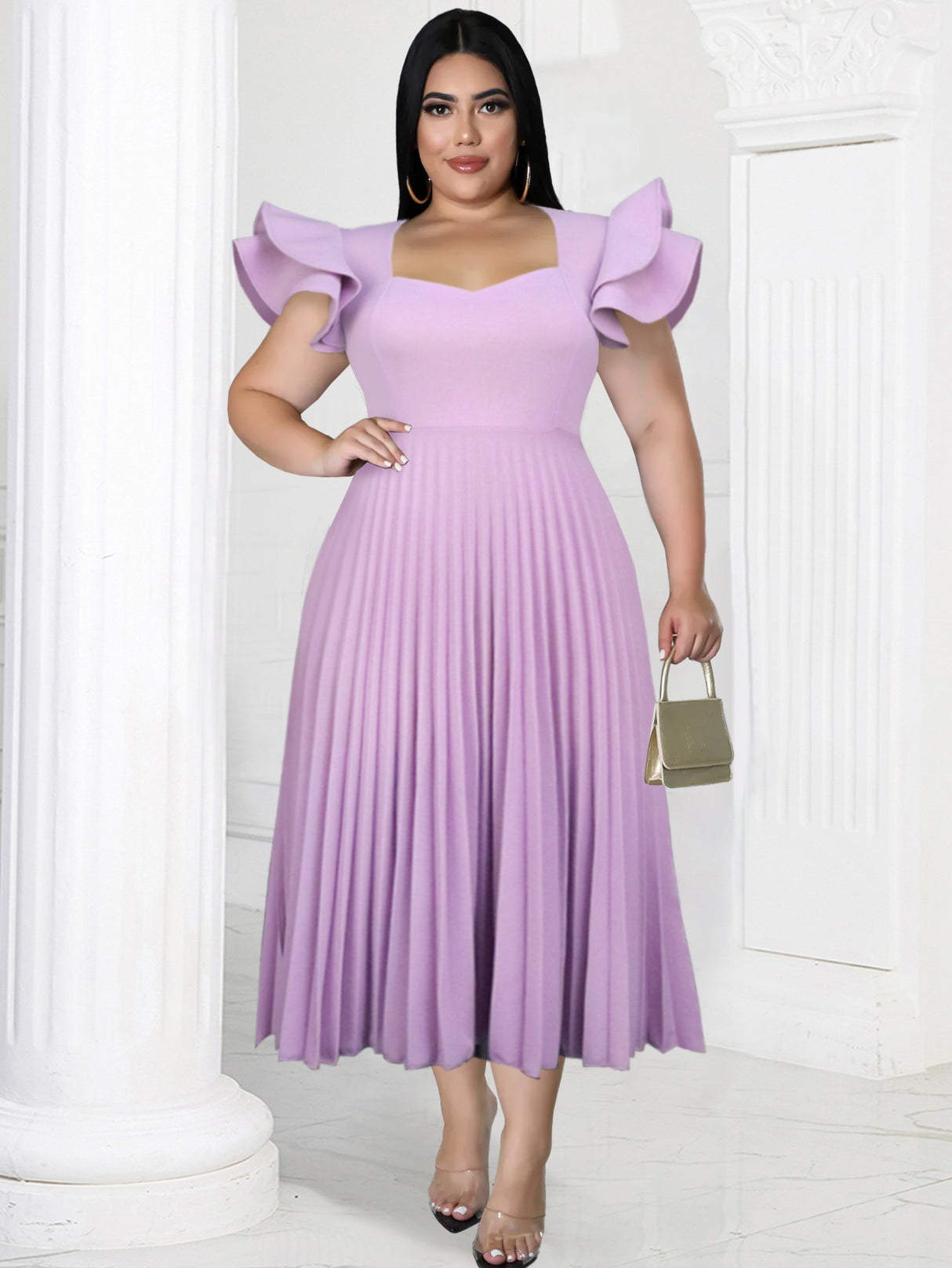 ONTINVA Pleated Dresses for Women 2023 Party Elegant Tierred Ruffle Sleeve Square Collar Midi Robe Summer Event Formal Occasion Vestidos