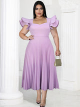 ONTINVA Pleated Dresses for Women 2023 Party Elegant Tierred Ruffle Sleeve Square Collar Midi Robe Summer Event Formal Occasion Vestidos