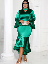 Green Satin Dresses V Neck Cut Out Long Flare Sleeve Boydcon Irregular Ruffles Mermaid Evening Cocktail Party Outfits for Women