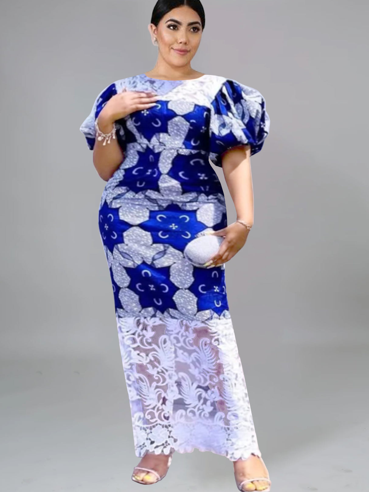 ONTINVA Plus Size Dresses for Women Blue Patchwork Lace O Neck Short Puff Sleeve Floral Printed Bodycon Evening Party Outfits