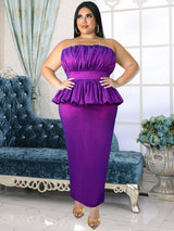 ONTINVA Shiny Women Tube Top Purple Long Evening Party Dress Sexy Strapless Folds Ruffle Bodycon Slit African Female Cocktail Prom Gowns