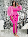 Plus Size Party Dress Curvy Women Long Puff Tulle Sleeve Beading Peplum Evening Birthday 4XL Outfits for Ladies Event Occasion