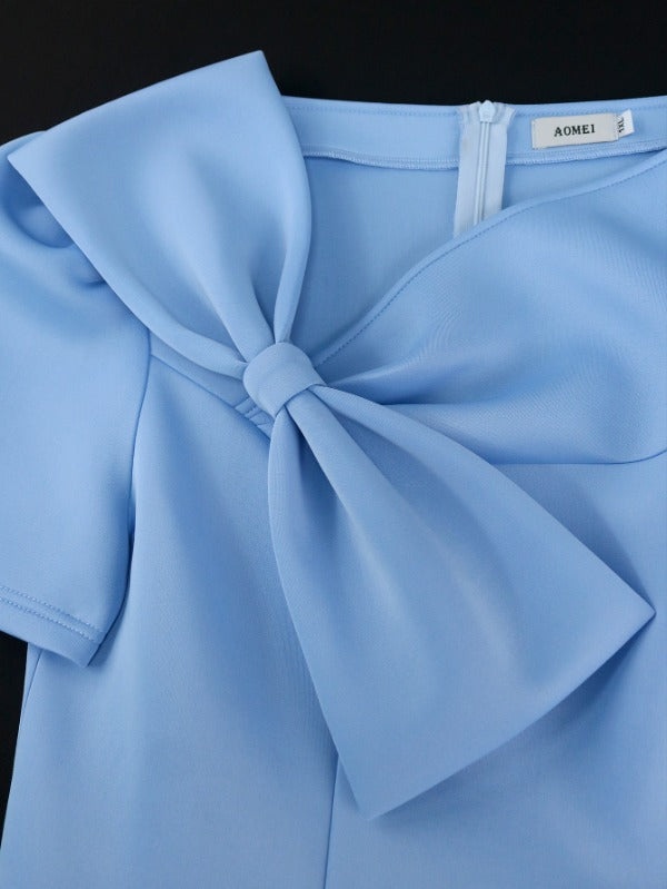 AOMEI Plus Size A Line Cute Bow Skater Dress Midi