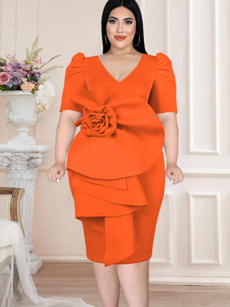 ONTINVA Women Orange Short Sleeves Big Flower Ruffles Bodycon Party Dress