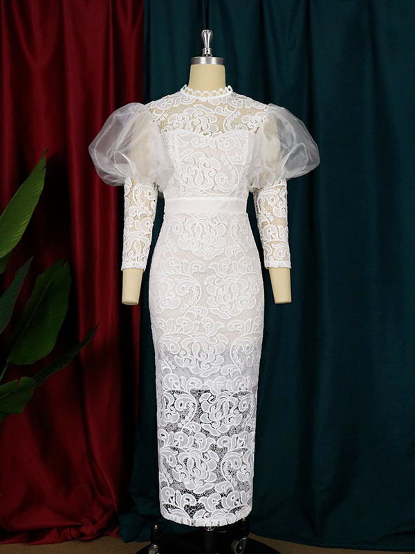 ONTINVA Puffy Long Sleeve Elegant Lace Bodycon Women Wedding Dress